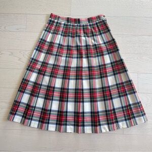 Vintage 70s Talbots Petites 100% Wool cream red tartan pleated plaid midi skirt